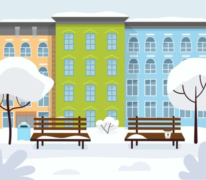 Winter city with a bench, trees, snow, coffee, against the background of multi-storey buildings. Vector illustration in a flat style