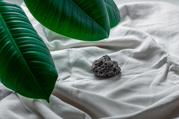 Different minerals on a white background with green leaf. Amethyst, tigers eye, meteorite, quartz....