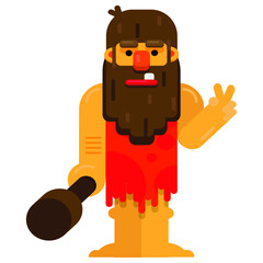 Caveman carrying a big club and showing victory sign. Flat style Vector illustration. Primitive archaic man isolated on white background.