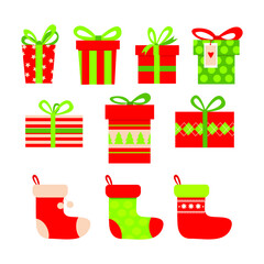Set of vector icons in flat style for Christmas, New Year. Stylish set of gifts and Christmas socks