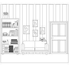 Living room with sofa, wardrobe and books. Vector illustration coloring book.