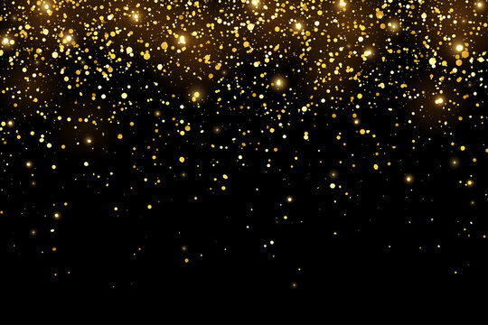 Gold glitter shiny holiday confetti with glow lights on black background. Vector