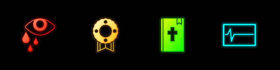 Set Tear cry eye, Memorial wreath, Holy bible book and Beat dead in monitor icon. Vector