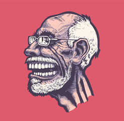The old man with glasses laughs unkindly. A noisy, disagreeable old troll. Vector illustration