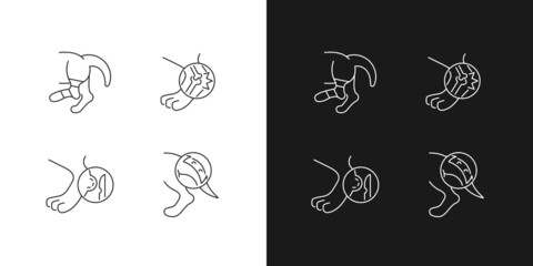 Animal injuries linear icons set for dark and light mode. Pet physical diseases. Limb sprains and trauma. Customizable thin line symbols. Isolated vector outline illustrations. Editable stroke