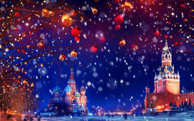 Winter Moscow Russia Red square with snow. Christmas holidays St Basils Cathedral new year...