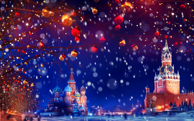 Winter Moscow Russia Red square with snow. Christmas holidays St Basils Cathedral new year background bokeh