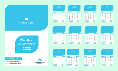 Creative Blue Wall Calendar 2022, 12 Months Template, Start From Monday