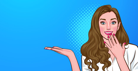 business woman present somting and hand on lips silence gesture