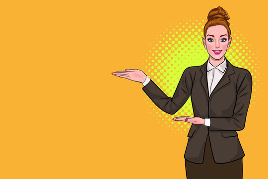 business woman in suit making a gesture to present something