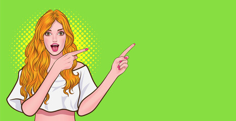 surprised  woman pointing her hands to something