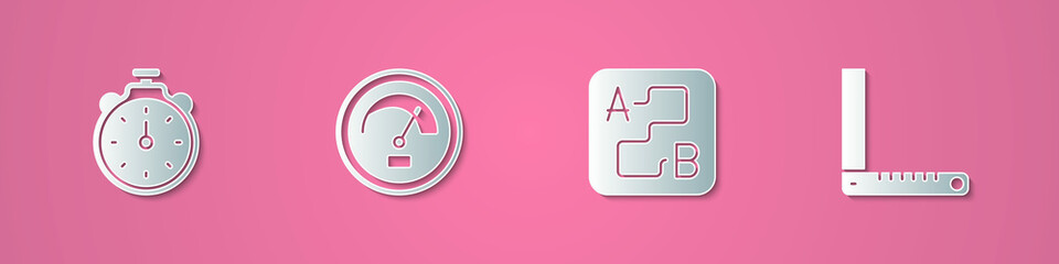 Set paper cut Stopwatch, Speedometer, Route location and Corner ruler icon. Paper art style. Vector