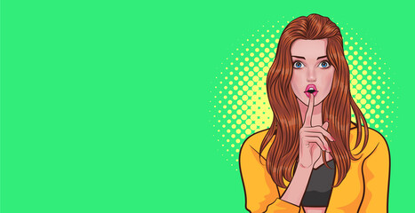 surprised woman with finger on lips silence gesture