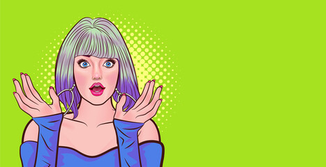 Surprised woman wow face and raising hands