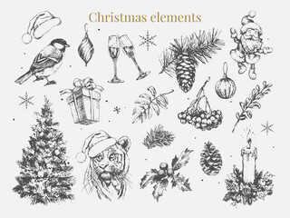 Christmas Set 2022 New Year and Christmas symbols, Christmas tree, tiger, Santa, cone, cinnamon, glasses, Candle, toys, gifts, sketch illustrations.Vector.