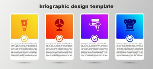 Set Sunscreen cream in tube, Electric fan, Water gun and Bodybuilder muscle. Business infographic template. Vector