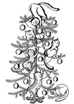 christmas tree, cats, graphics, funny picture, black and white background