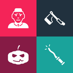 Set pop art Magic wand, Pumpkin, Wooden axe and Priest icon. Vector