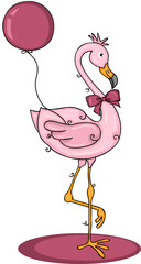 Cute pink flamingo with bow ribbon and balloon