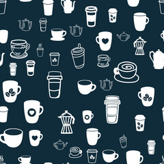 Coffee seamless vector pattern for Cup mug, restaurant or cafe menu design. 
