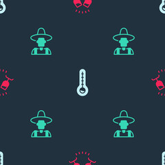 Set Wine tasting, degustation, Meteorology thermometer and Farmer hat on seamless pattern. Vector