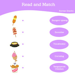 Read and match worksheet game. Korean snack matching worksheet edition. Printable worksheet. Vector illustration.