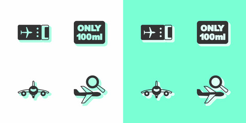Set Airplane search, Airline ticket, Plane and Liquids carry-on baggage icon. Vector