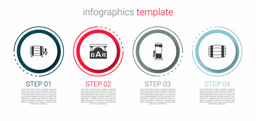 Set Wooden barrel, Street signboard with Bar, Beer tap and . Business infographic template. Vector