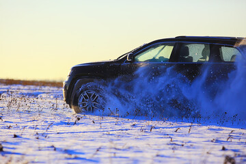 off-road vehicle drift in the snow field adventure winter speed nature