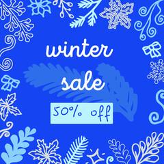 A blue social media post that says "Winter Sale"