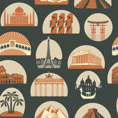Decorative seamless pattern with various world sights. Vector Repeating background in retro style on a travel theme with architectural landmarks on a dark backdrop. Wallpaper, wrapping paper, fabric © paseven