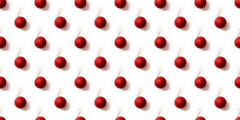 Seamless pattern with red and golden Christmas toy balls on a white background. Christmas texture. Holiday design mockup concept. Poster wallpaper. Festive banner. Template. New year greeting card