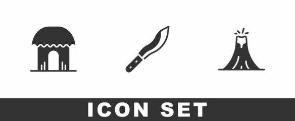 Set African hut, Machete and Volcano eruption icon. Vector