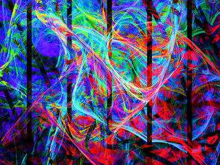 Creación de arte digital abstracto compuesto por rayas negras verticales y trazos elípticos de colores con la apariencia de rayos de luz ondulantes y oscuridad rígida.