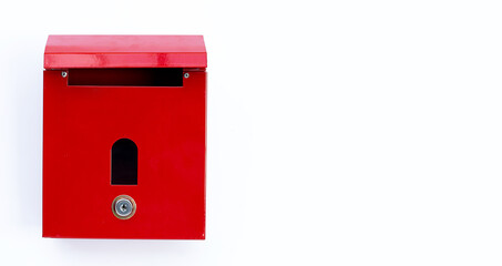Red mailbox on white background.