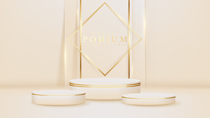 Realistic white product podium showcase with line golden on back. Luxury 3d style background concept. Vector illustration for promoting sales and marketing.