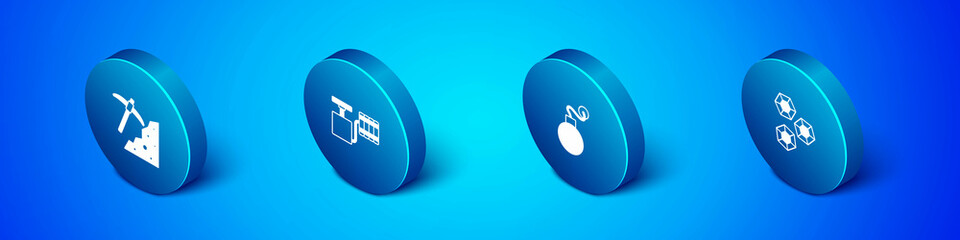 Set Isometric Pickaxe, Bomb, Gem stone and Handle detonator icon. Vector