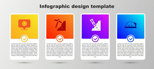 Set Gem stone, Pickaxe, Construction jackhammer and Miner helmet. Business infographic template. Vector