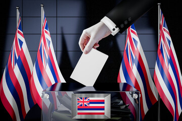 Hawaii flags, hand dropping ballot card into a box - voting, election concept - 3D illustration