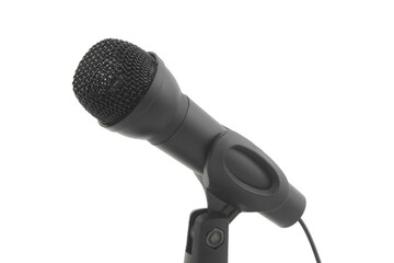 Black microphone on stand isolated on white background