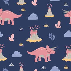 Cartoon dinosaur triceratops among tropical plants, clouds and an erupting volcano. Seamless pattern for child. Colorful cute objects isolated on blue background. Hand drawn flat vector illustration.