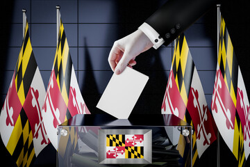 Maryland flags, hand dropping ballot card into a box - voting, election concept - 3D illustration