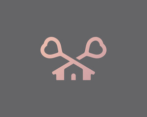 Two crossed keys with hearts combined into house, building logo. Negative space home, real estate, protection vector sign symbol logotype.