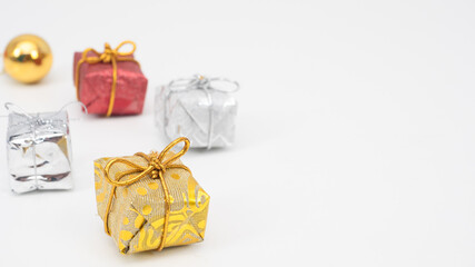 Close up gift box on white background copy space