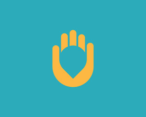 Abstract pin in the hand palm logo design. Universal minimalistic destination, gps, navigation vector sign symbol logotype.