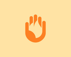 Fototapeta na wymiar Abstract fire, flame in the hand palm logo design. Universal minimalistic danger, burning, energy vector sign symbol logotype.