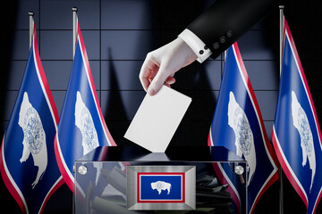 Wyoming flags, hand dropping ballot card into a box - voting, election concept - 3D illustration - obrazy, fototapety, plakaty
