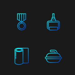 Set line Stone for curling sport game, Fitness mat roll, Medal and TPX loop training equipment. Gradient color icons. Vector