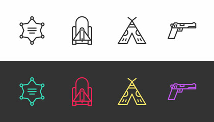 Set line Hexagram sheriff, Rocket launch from the spaceport, Indian teepee wigwam and Pistol gun on black and white. Vector