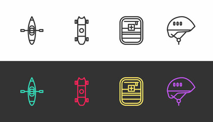 Set line Kayak or canoe, Longboard skateboard, First aid kit and Bicycle helmet on black and white. Vector